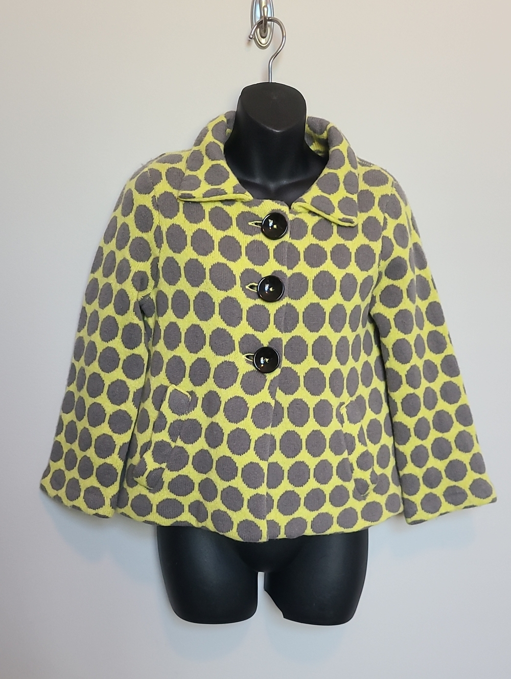 Boden Wool Swing Coat Size 2 Polks Dot Green Gray